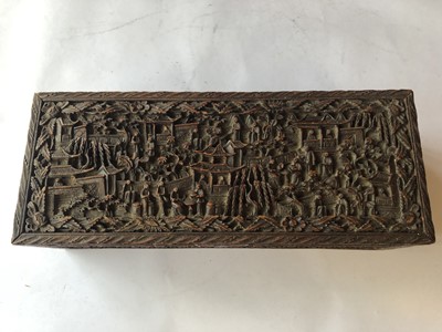 Lot 487 - A CHINESE CANTON CARVED WOOD BOX.