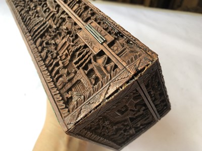 Lot 487 - A CHINESE CANTON CARVED WOOD BOX.