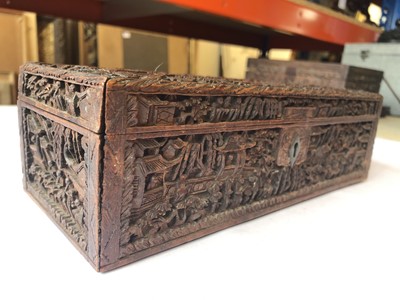 Lot 487 - A CHINESE CANTON CARVED WOOD BOX.