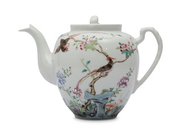 Lot 637 - A CHINESE FAMILLE ROSE 'PARADISE FLYCATCHERS' TEAPOT AND COVER.