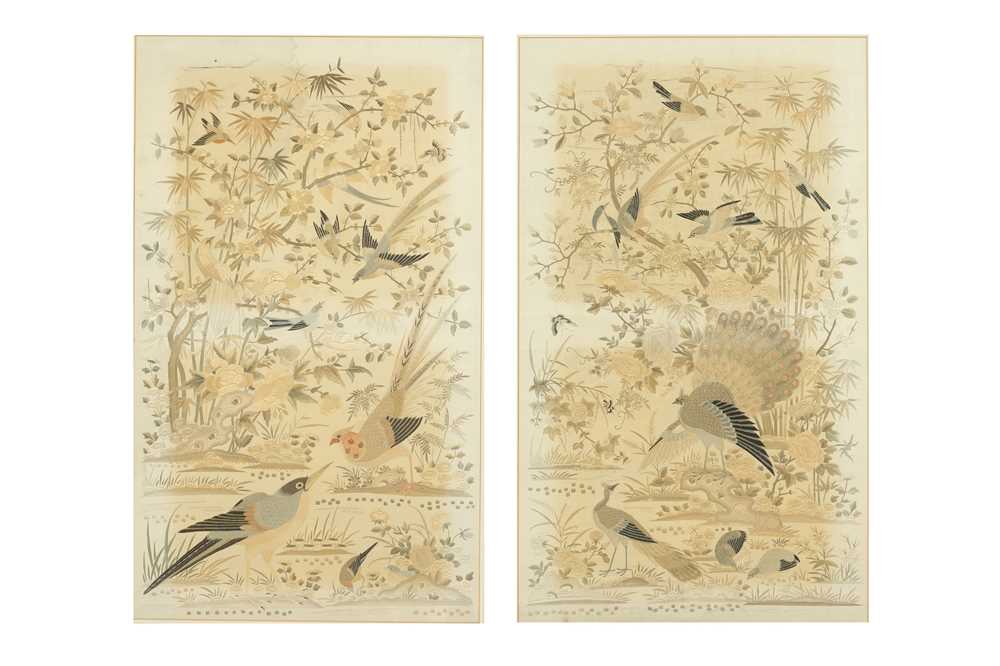 Lot 380 - A PAIR OF CHINESE EMBROIDERED SILK 'HUNDRED BIRDS' TEXTILE PANELS.