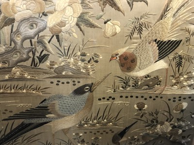 Lot 380 - A PAIR OF CHINESE EMBROIDERED SILK 'HUNDRED BIRDS' TEXTILE PANELS.