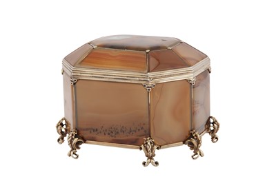 Lot 47 - A late 19th century unmarked silver gilt mounted banded agate casket, probably Austrian, Vienna circa 1890