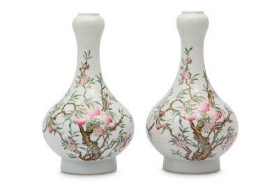 Lot 569 - A PAIR OF CHINESE FAMILLE ROSE GARLIC MOUTH 'PEACHES' VASES.