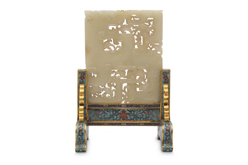 Lot 555 - A CHINESE WHITE JADE AND CLOISONNE 'KUI DRAGONS' MINIATURE TABLE SCREEN.