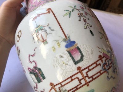 Lot 572 - A CHINESE FAMILLE ROSE 'PRECIOUS OBJECTS' VASE.