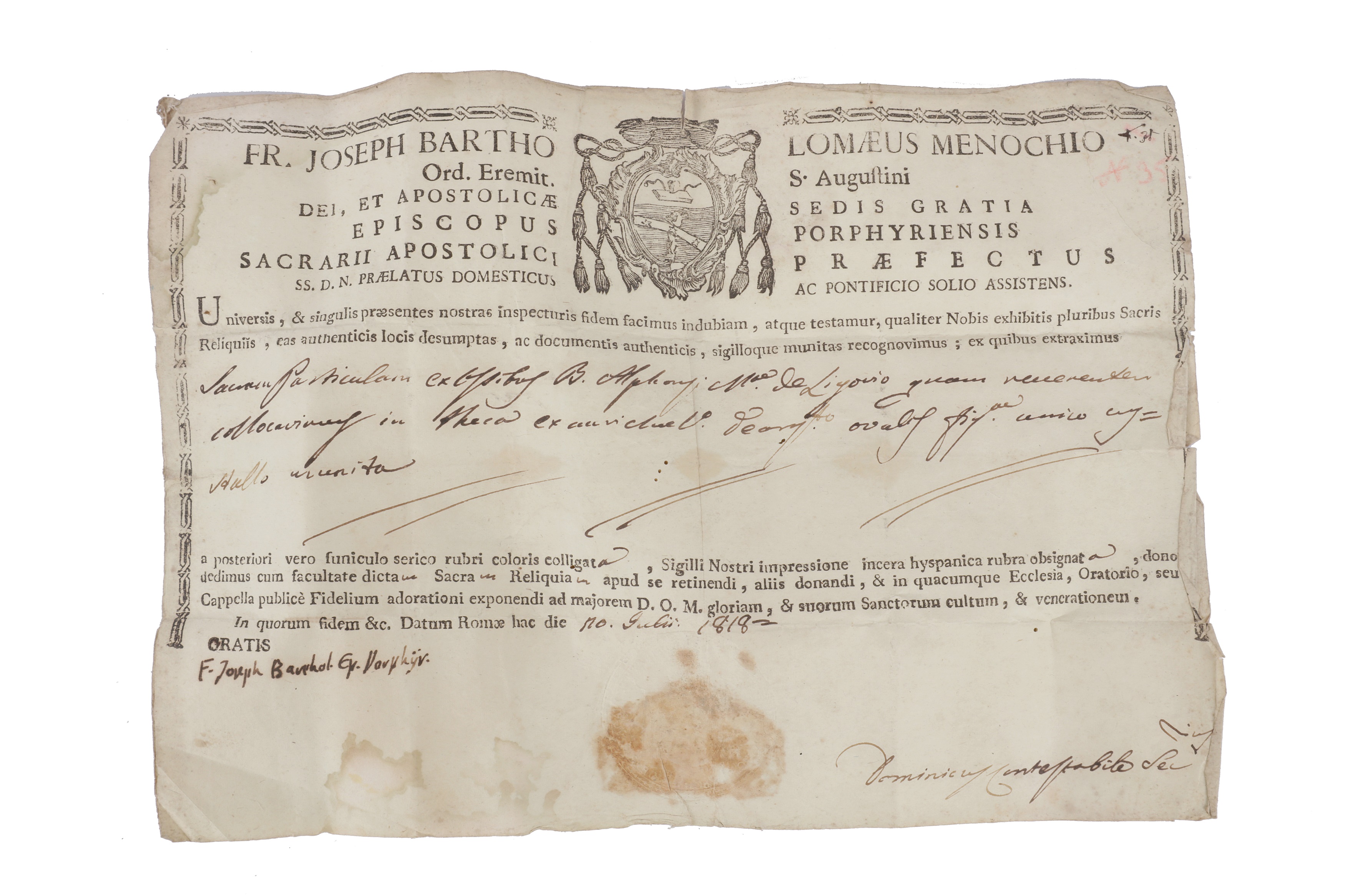 Lot 421 Certificate Of Authenticity For A Relic