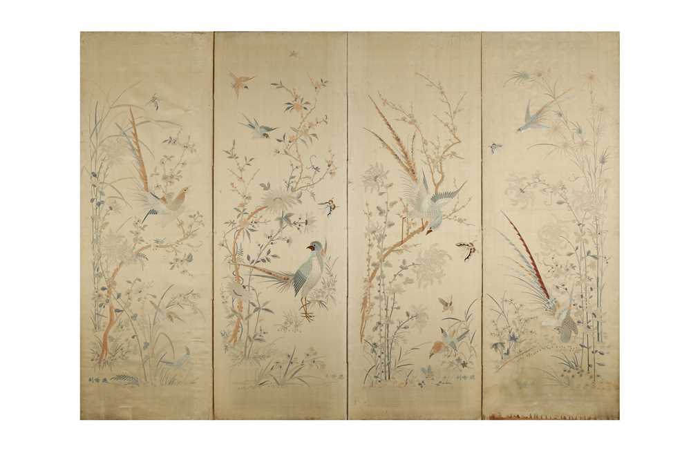 Lot 382 - A CHINESE FOUR-PANEL EMBROIDERED SILK SCREEN.