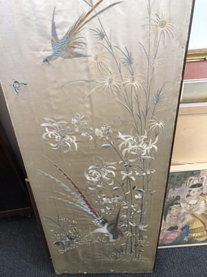 Lot 382 - A CHINESE FOUR-PANEL EMBROIDERED SILK SCREEN.