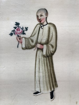 Lot 279 - A LEATHER-BOND ALBUM OF CHINESE PITH PAPER PAINTINGS.