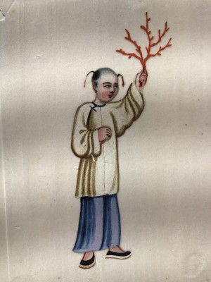 Lot 279 - A LEATHER-BOND ALBUM OF CHINESE PITH PAPER PAINTINGS.