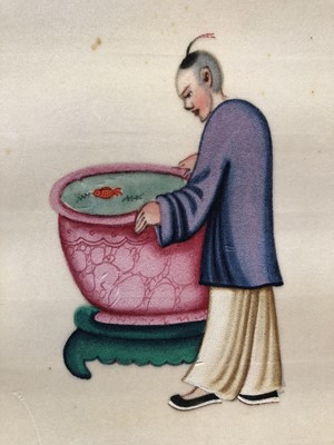 Lot 279 - A LEATHER-BOND ALBUM OF CHINESE PITH PAPER PAINTINGS.