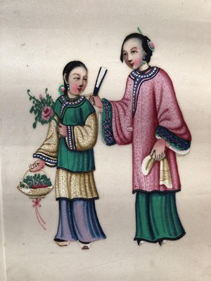 Lot 279 - A LEATHER-BOND ALBUM OF CHINESE PITH PAPER PAINTINGS.