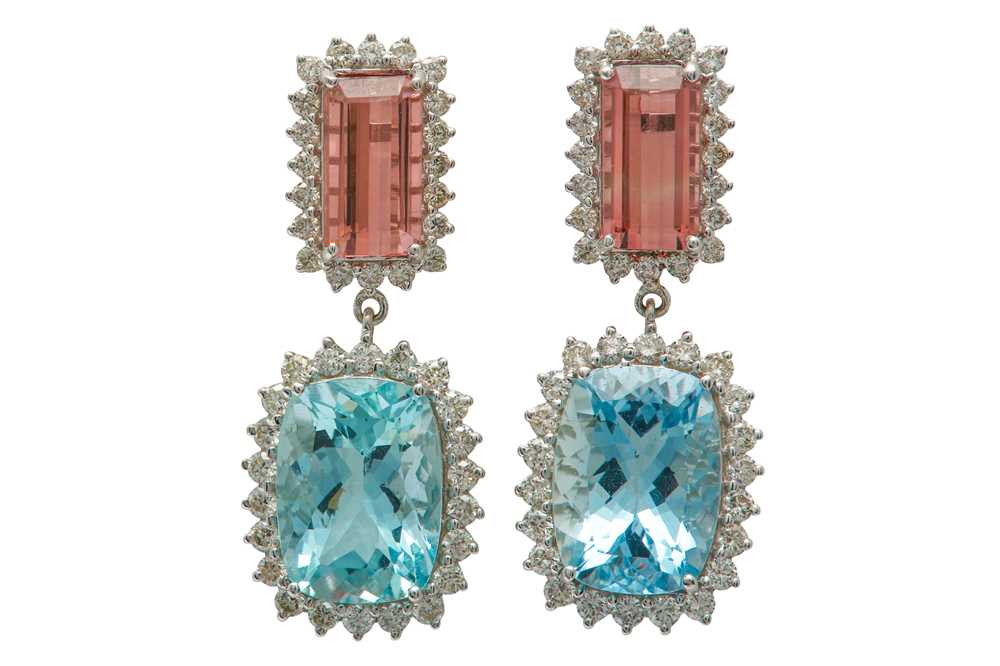 Lot 1249 - A pair of pink tourmaline, aquamarine and diamond earrings