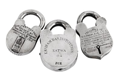 Lot 142 - Three early 20th century Indian Colonial unmarked silver and steel presentation padlocks