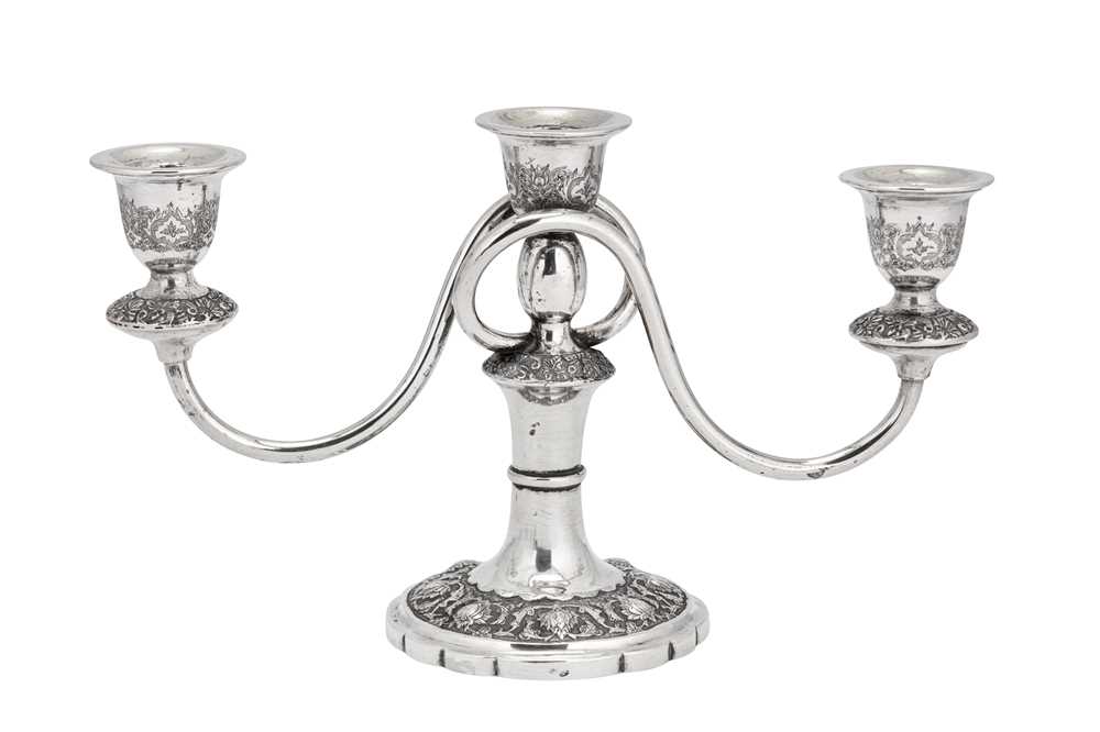 Lot 227 - A mid-20th century Iranian (Persian) silver three-light candelabra, Isfahan circa 1960