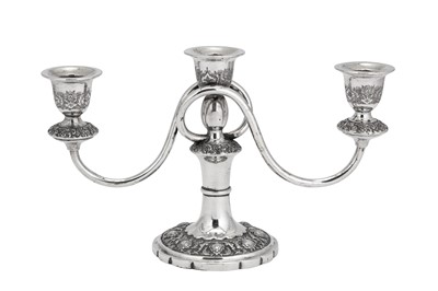 Lot 227 - A mid-20th century Iranian (Persian) silver three-light candelabra, Isfahan circa 1960