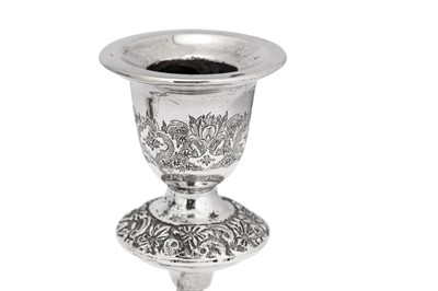 Lot 227 - A mid-20th century Iranian (Persian) silver three-light candelabra, Isfahan circa 1960
