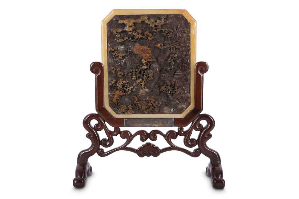 Lot 32 - A CHINESE CARVED SOAPSTONE TABLE SCREEN.
