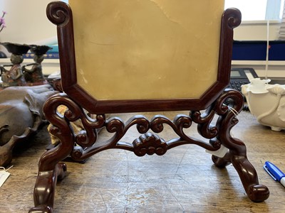 Lot 32 - A CHINESE CARVED SOAPSTONE TABLE SCREEN.