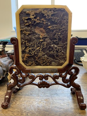 Lot 600 - A CHINESE CARVED SOAPSTONE TABLE SCREEN.