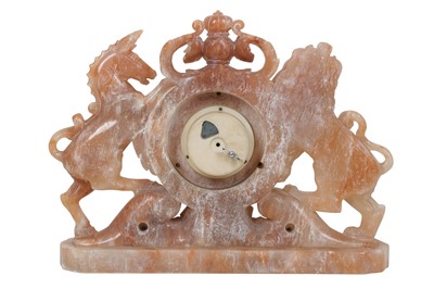 Lot 127 - AN UNUSUAL 20TH CENTURY ENGLISH ROYAL COAT OF ARMS CARVED SOAPSTONE MANTLE CLOCK