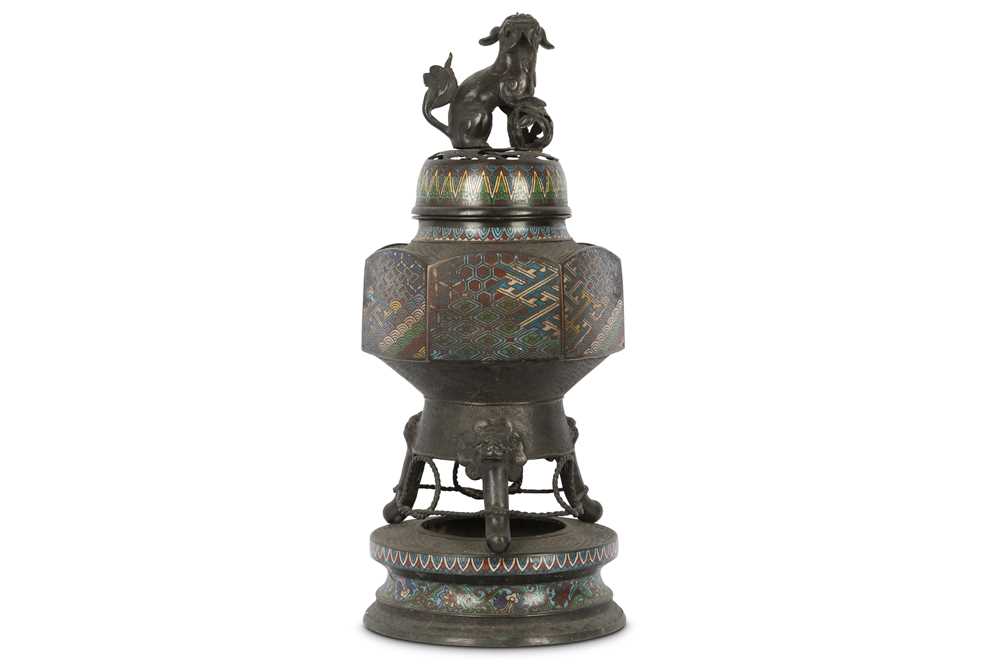 Lot 649 - A LARGE JAPANESE ENAMELLED BRONZE 'LION DOG' INCENSE BURNER.