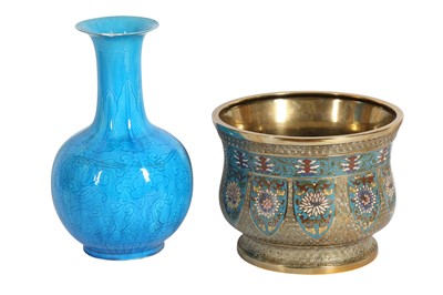 Lot 502 - A CHINESE TURQUOISE-GLAZED BOTTLE VASE AND A CLOISONNÉ ENAMEL JARDINIERE.