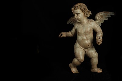 Lot 26 - A PAIR OF LATE 17TH / EARLY 18TH CENTURY SOUTH GERMAN CARVED AND PAINTED WOOD PUTTI