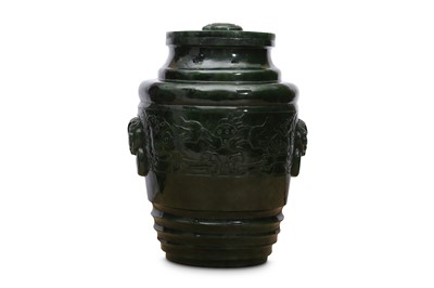 Lot 465 - A CHINESE SPINACH-GREEN JADE JAR AND COVER.