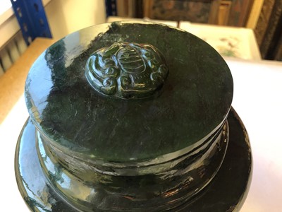 Lot 465 - A CHINESE SPINACH-GREEN JADE JAR AND COVER.