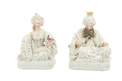 Lot 950 - A PAIR OF JACOB PETIT PORCELAIN FIGURAL CONTAINERS IN THE FORM OF A SEATED SULTAN AND SULTANA