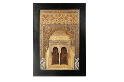 Lot 800 - A LARGE AND IMPRESSIVE GILT AND POLYCHROME-PAINTED PLASTER RELIEF PLAQUE OF THE ALHAMBRA