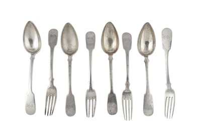 Lot 157 - A set of eight mid -19th century German 13 loth (812 standard) silver tablespoons and forks, Frankfurt circa 1840 by Schmidt