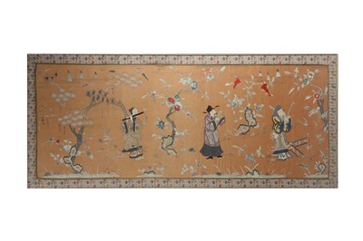 Lot 268 - A CHINESE PEACH-GROUND EMBROIDERED SILK 'IMMORTALS' PANEL.