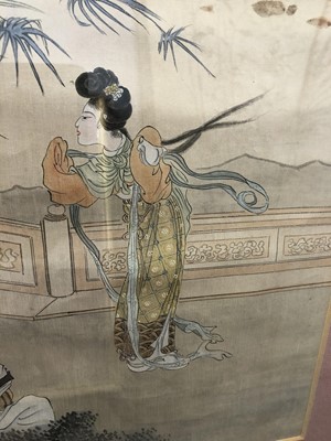 Lot 529 - A PAIR OF CHINESE PAINTINGS OF LADIES AND AN EMBROIDERED PANEL.