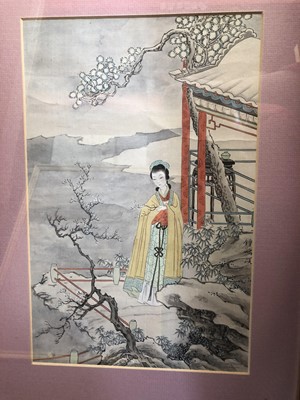 Lot 589 - A PAIR OF CHINESE PAINTINGS OF LADIES AND AN EMBROIDERED PANEL.