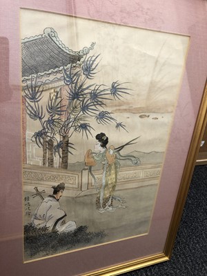 Lot 589 - A PAIR OF CHINESE PAINTINGS OF LADIES AND AN EMBROIDERED PANEL.