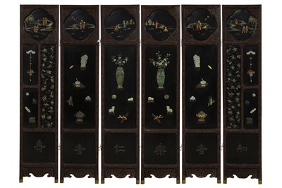 Lot 346 - λ A CHINESE CINNABAR LACQUER SIX-FOLD SCREEN.