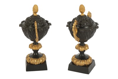 Lot 174 - A PAIR OF BRONZE AND GILT BRONZE PASTILE BURNERS, 19TH CENTURY