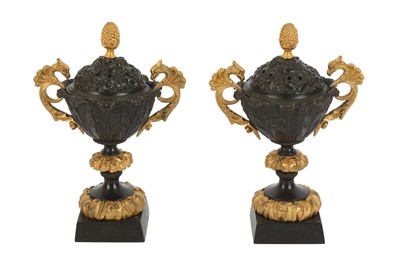 Lot 174 - A PAIR OF BRONZE AND GILT BRONZE PASTILE BURNERS, 19TH CENTURY