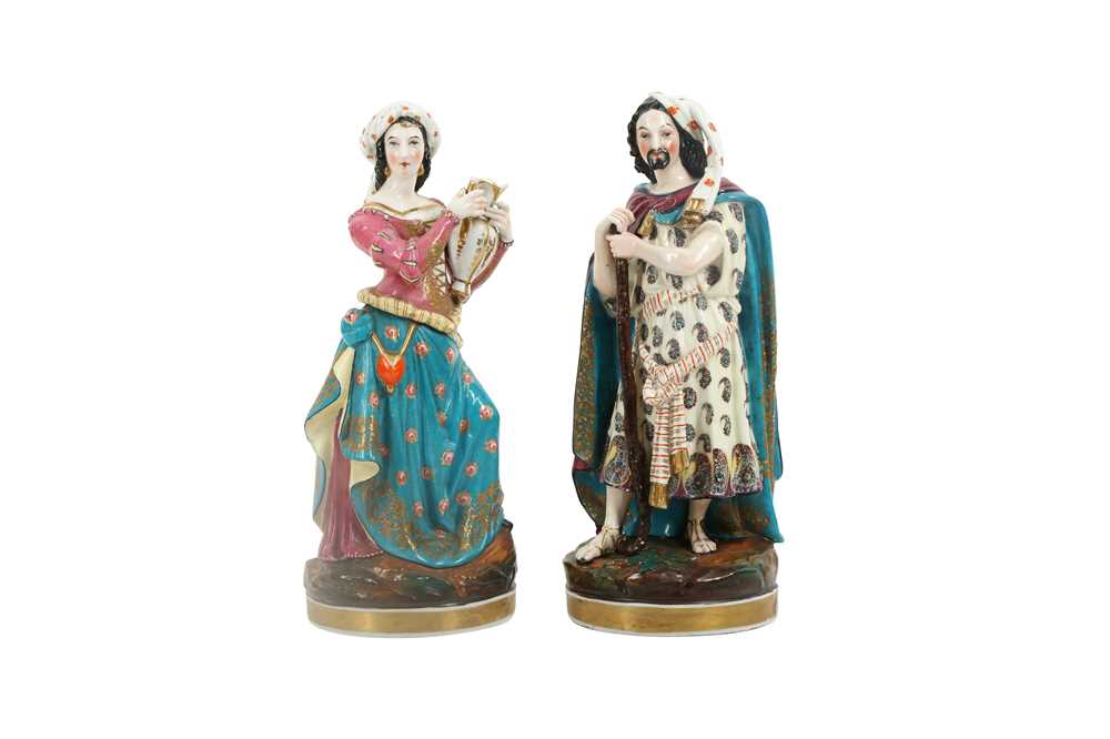 Lot 948 - A PAIR OF FRENCH POLYCHROME-PAINTED PORCELAIN FIGURAL SCENT BOTTLES