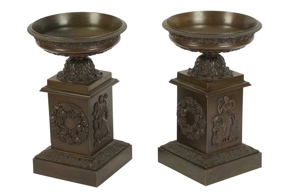 Lot 413 - A pair of 19th century patinated bronze tazze