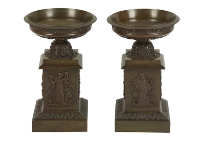 Lot 413 - A pair of 19th century patinated bronze tazze