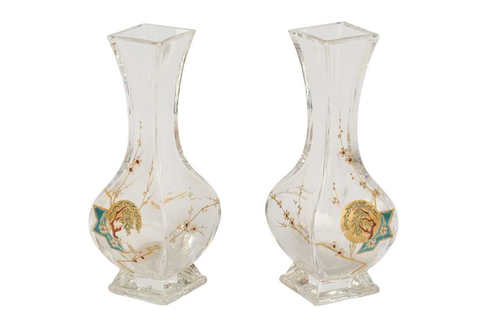 Lot 133 - A pair of late 19th century glass and enameled square form vases, possibly French