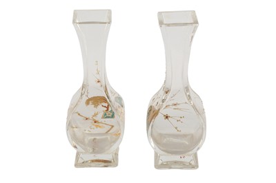 Lot 133 - A pair of late 19th century glass and enameled square form vases, possibly French