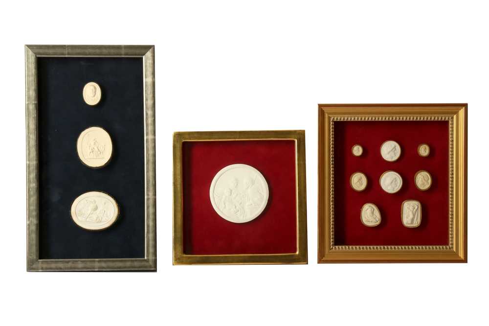 Lot 530 - A group of three framed collections of Grand Tour plaster cameos, some 19th century