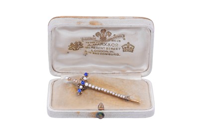 Lot 1209 - A sapphire and diamond sword brooch, circa 1900
