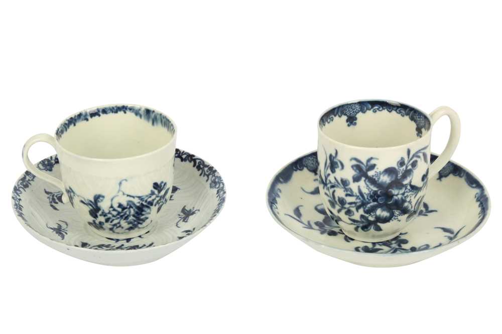 Lot 229 - AN 18TH CENTURY WORCESTER PORCELAIN BLUE AND WHITE CUP AND SAUCER, CIRCA 1765