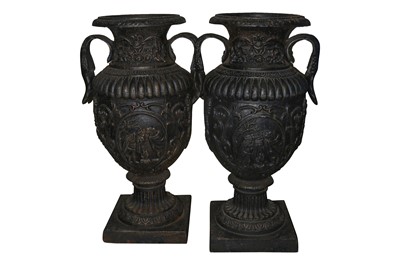 Lot 210 - A PAIR OF LARGE CAST IRON DOUBLE HANDLED VASES, 20TH CENTURY